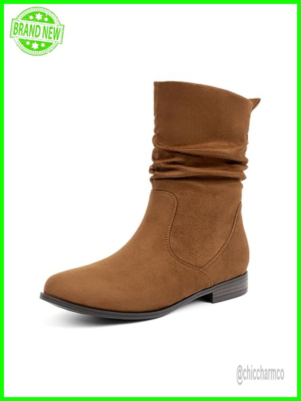 Slouchy Mid Calf Boots Almond Toe Low Heel Faux Suede